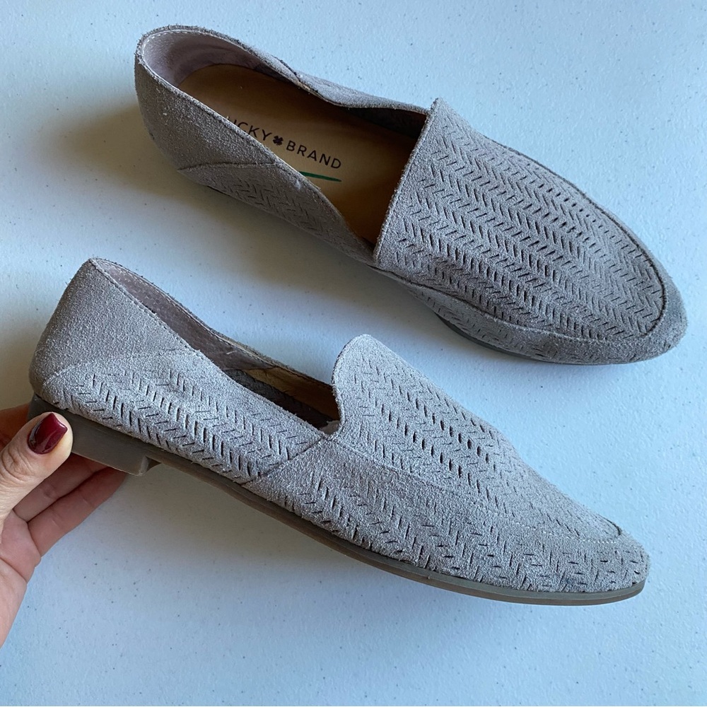 Lucky Brand Size 10 Light Grey Brogan Suede Leather Almond Toe Slip-on Loafer